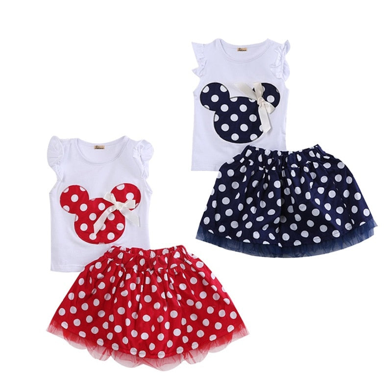 1-4Year Cute Summer Toddler Kids Baby Girl Cotton Tops Sleeveless T-Shirt Vest mouse+Party Dress Skirt Clothes Set 2PCS - ebowsos