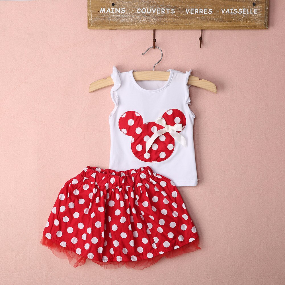 1-4Year Cute Summer Toddler Kids Baby Girl Cotton Tops Sleeveless T-Shirt Vest mouse+Party Dress Skirt Clothes Set 2PCS - ebowsos