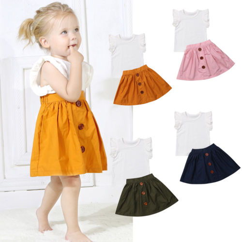 1-4Years Summer Toddler Kids Baby Girls Sleeveless T-shirts Tops+Button Skirts Outfits Princess Children Casual Clothes Sets - ebowsos