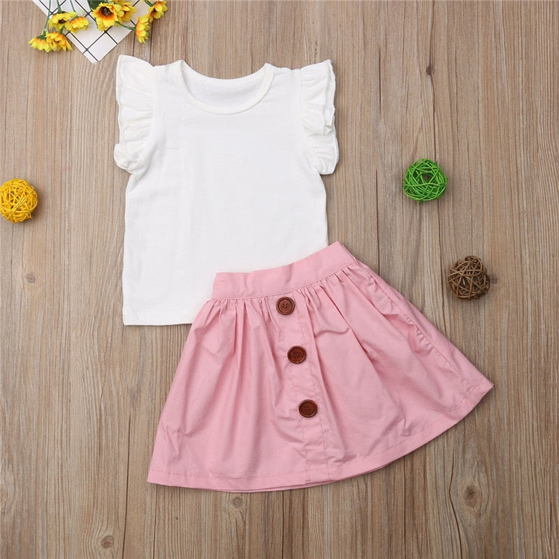 1-4Years Summer Toddler Kids Baby Girls Sleeveless T-shirts Tops+Button Skirts Outfits Princess Children Casual Clothes Sets - ebowsos