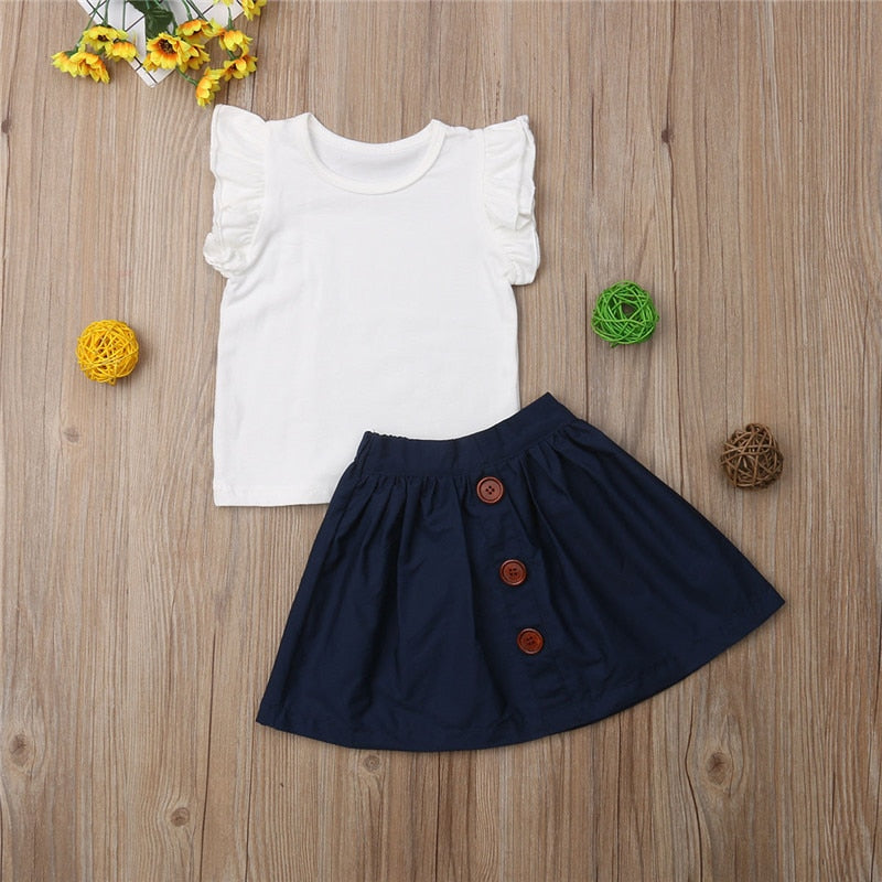 1-4Years Summer Toddler Kids Baby Girls Sleeveless T-shirts Tops+Button Skirts Outfits Princess Children Casual Clothes Sets - ebowsos