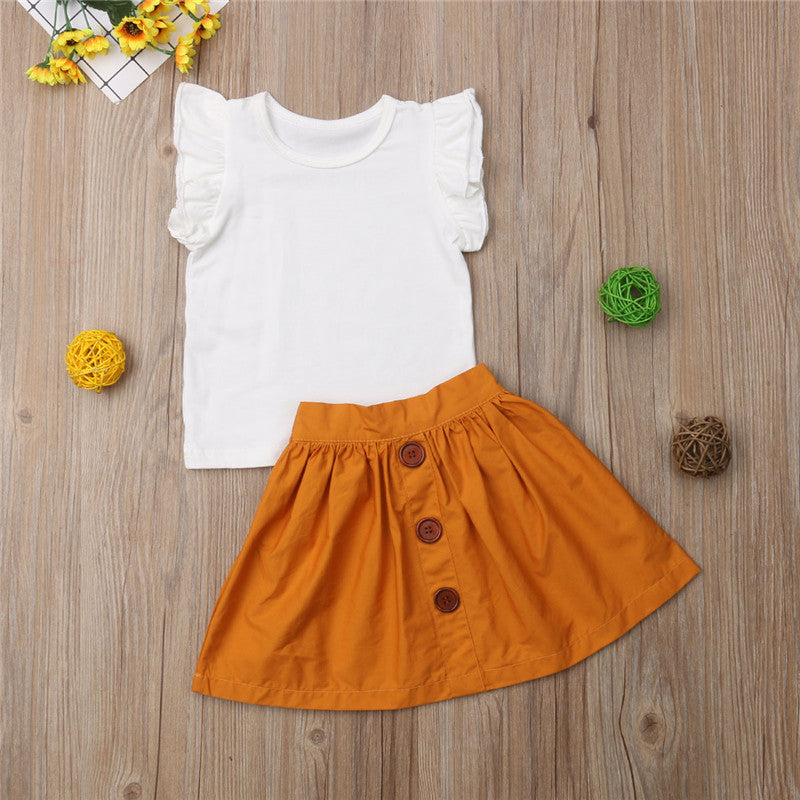 1-4Years Summer Toddler Kids Baby Girls Sleeveless T-shirts Tops+Button Skirts Outfits Princess Children Casual Clothes Sets - ebowsos