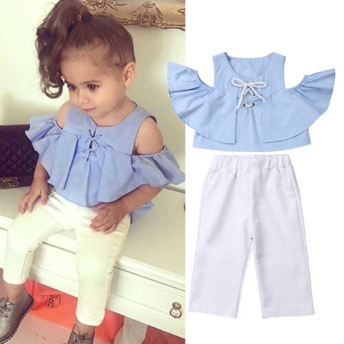 1-6T Fashion Toddler Kid Baby Girls Off Shoulder Crop Tops Ruffle Pants Leggings Casual Outfits Clothes Set 2pcs - ebowsos