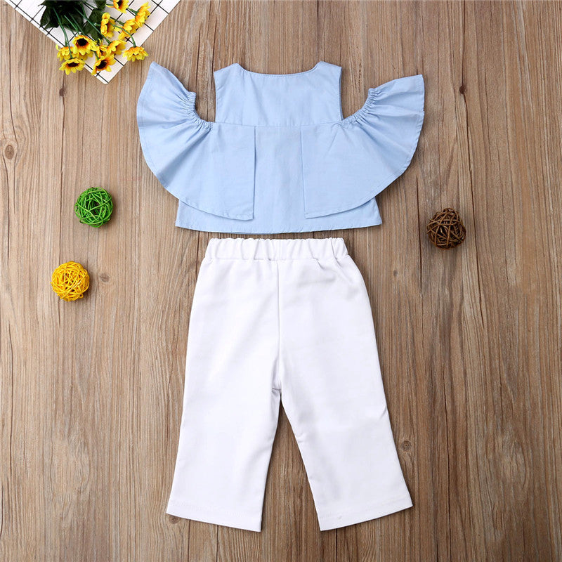 1-6T Fashion Toddler Kid Baby Girls Off Shoulder Crop Tops Ruffle Pants Leggings Casual Outfits Clothes Set 2pcs - ebowsos