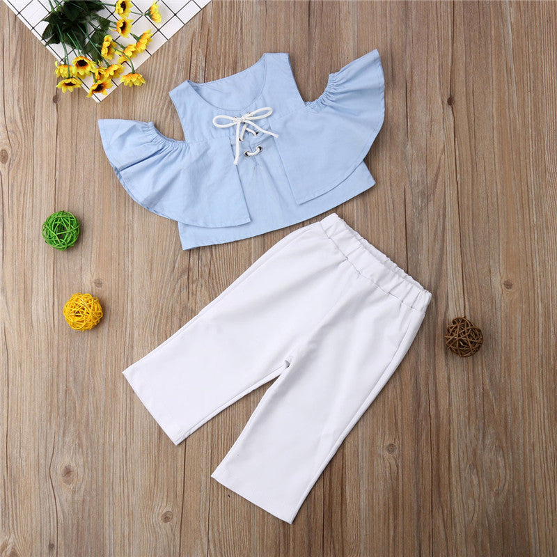 1-6T Fashion Toddler Kid Baby Girls Off Shoulder Crop Tops Ruffle Pants Leggings Casual Outfits Clothes Set 2pcs - ebowsos