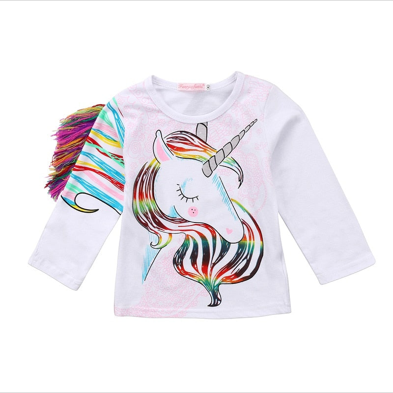 1-6T Unique Toddler Kids Girls Summer Casual O Neck Long Sleeve Unicorn Tops Cotton T-shirt Clothes - ebowsos