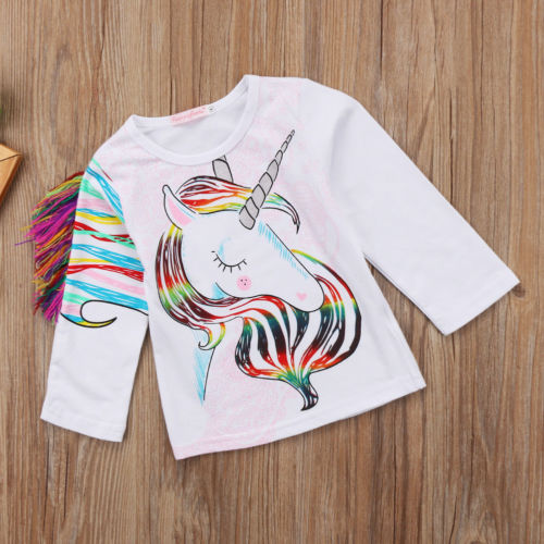 1-6T Unique Toddler Kids Girls Summer Casual O Neck Long Sleeve Unicorn Tops Cotton T-shirt Clothes - ebowsos