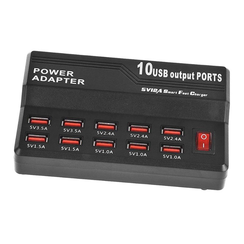 10-Port USB AC to DC Power Socket USB Charging Station Travel Charger+Cable - ebowsos