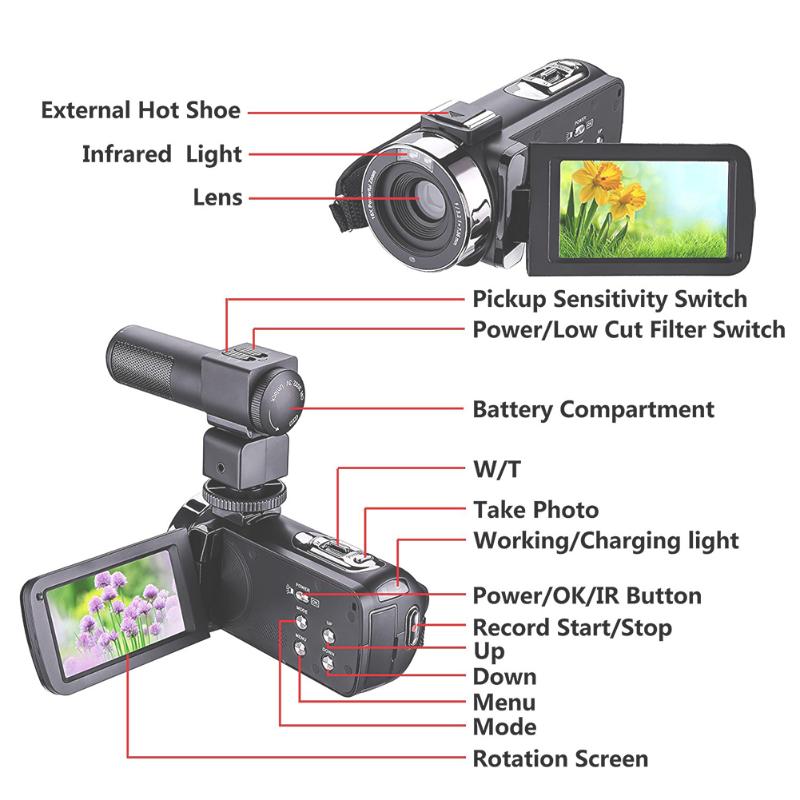 1080P Full HD Camcorder Remote Control Infrared Night Vision Camera 24MP 16X Digital Zoom Video Camera w/ Microphone Touchscreen - ebowsos