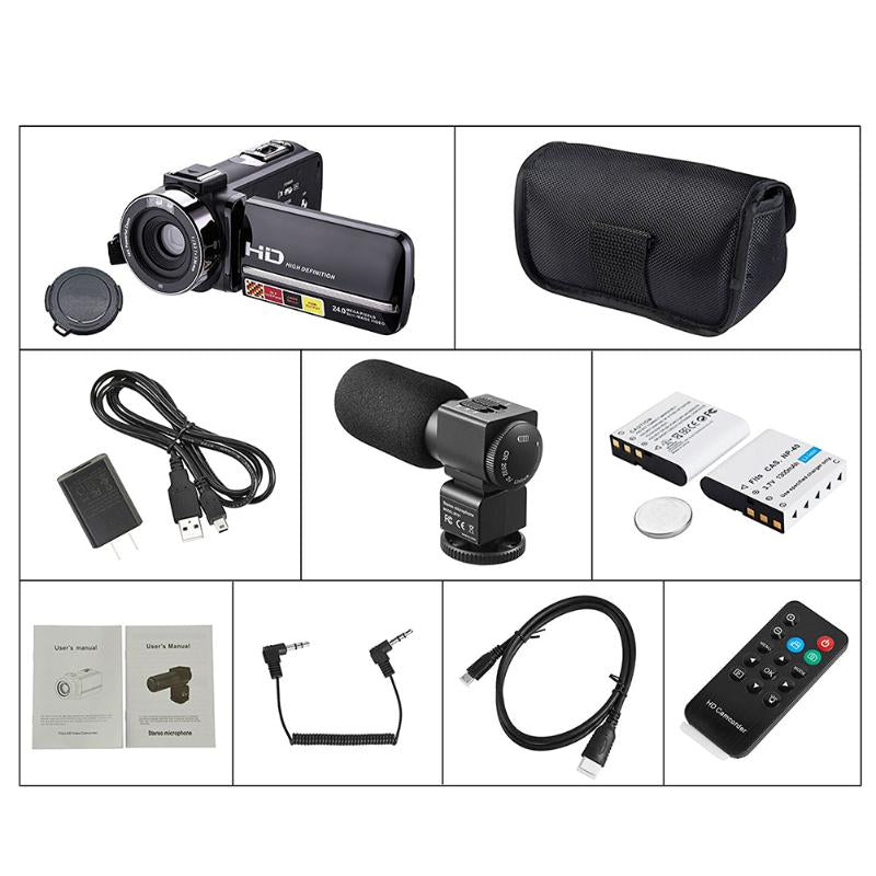 1080P Full HD Camcorder Remote Control Infrared Night Vision Camera 24MP 16X Digital Zoom Video Camera w/ Microphone Touchscreen - ebowsos