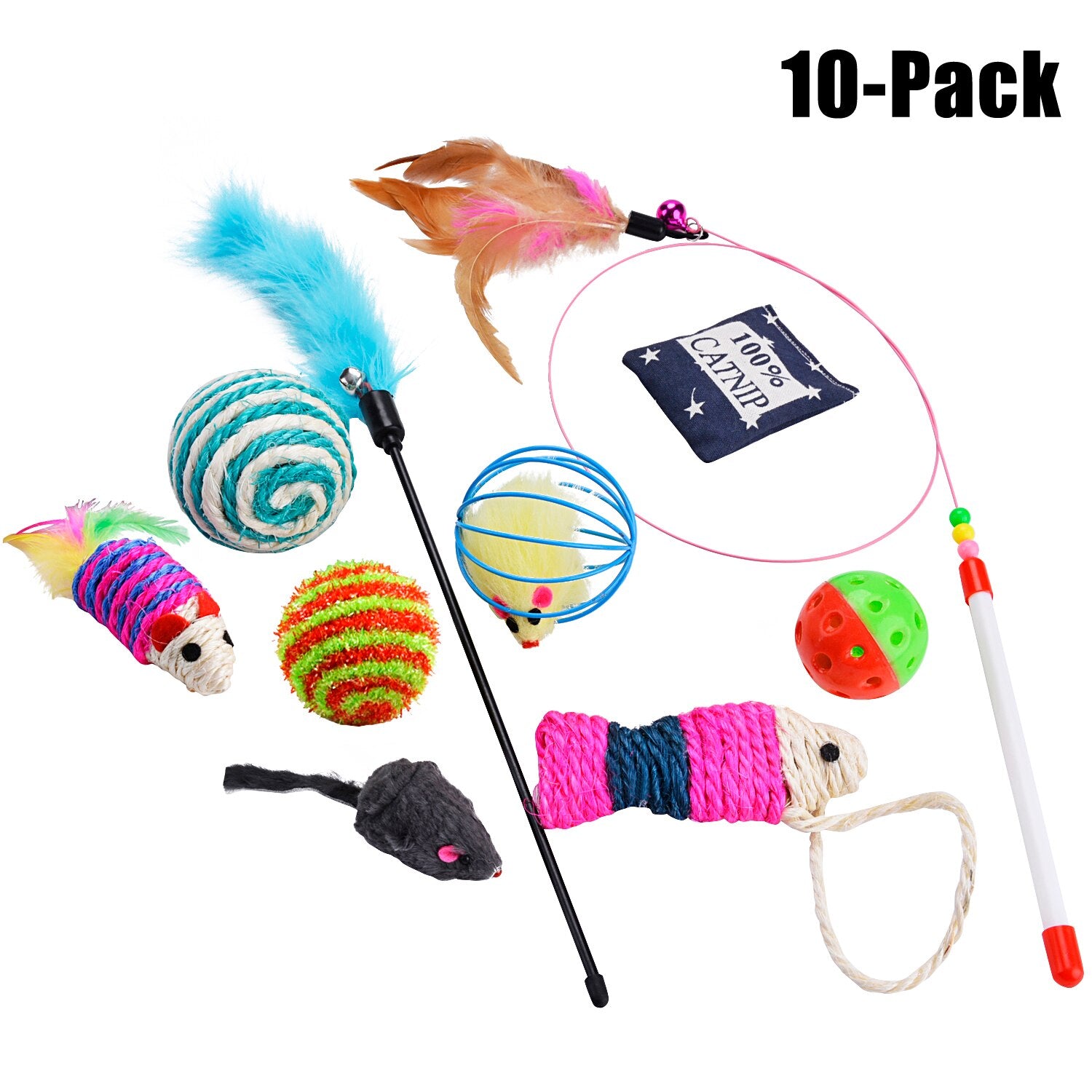 10Pcs Cat Toys Variety Pack For Kitty Includes Catnip Toy Plush Mice Scratch Ball And Teaser Pet Interactive Toy Supplies-ebowsos