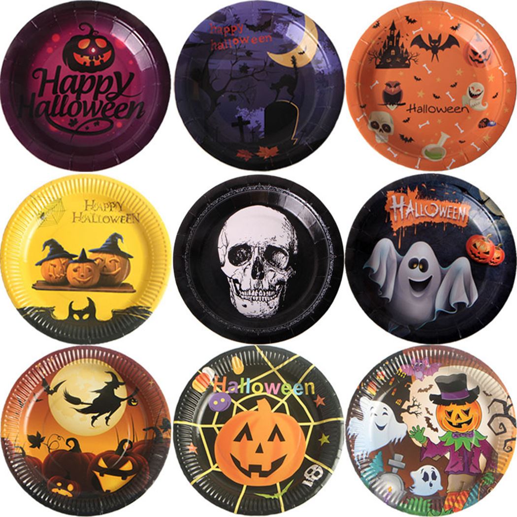 10Pcs/Set Cartoon Plate Festival Party Disposable Paper Tableware Round Paper Plate Halloween Party Supplies Random Pattern-ebowsos