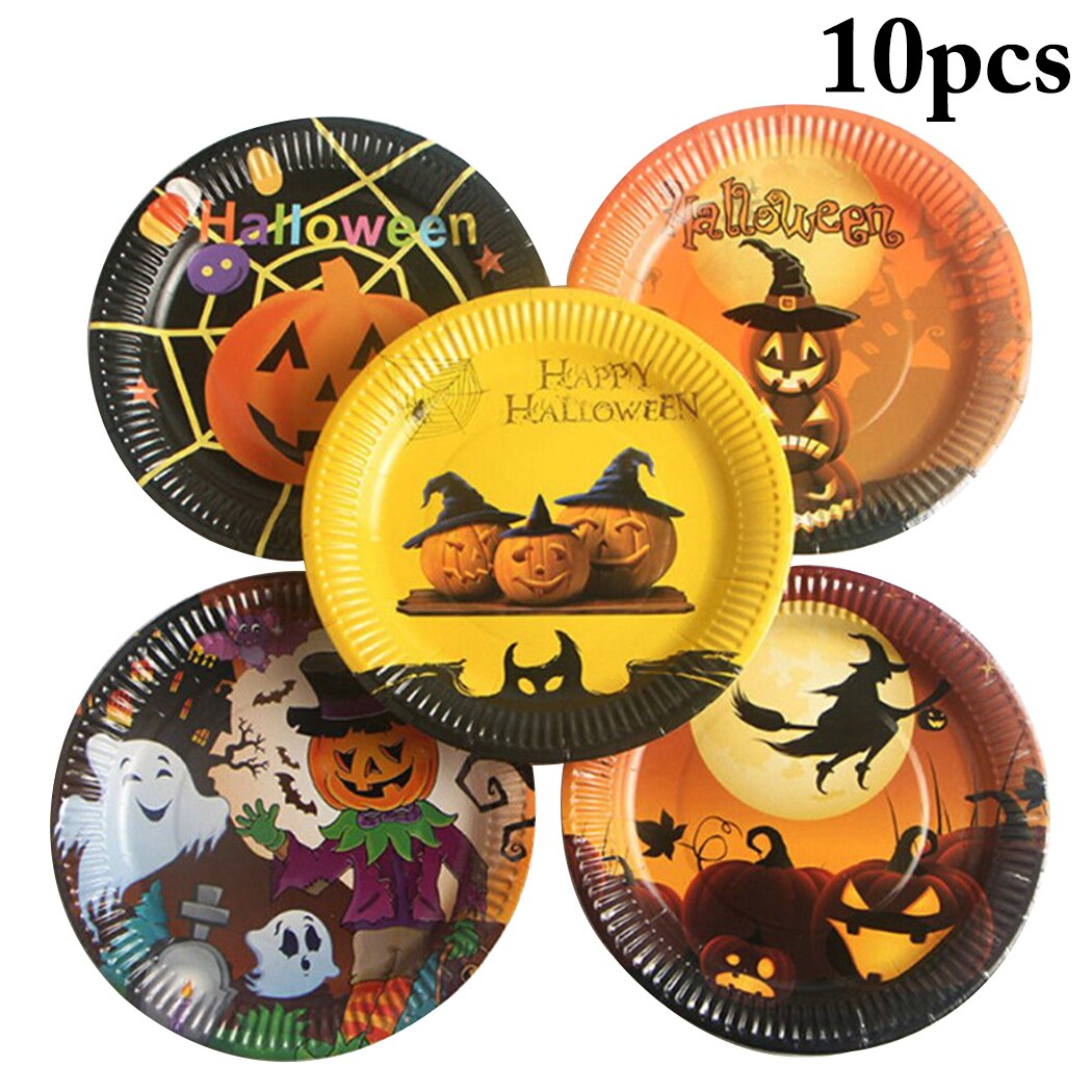 10Pcs/Set Cartoon Plate Festival Party Disposable Paper Tableware Round Paper Plate Halloween Party Supplies Random Pattern-ebowsos