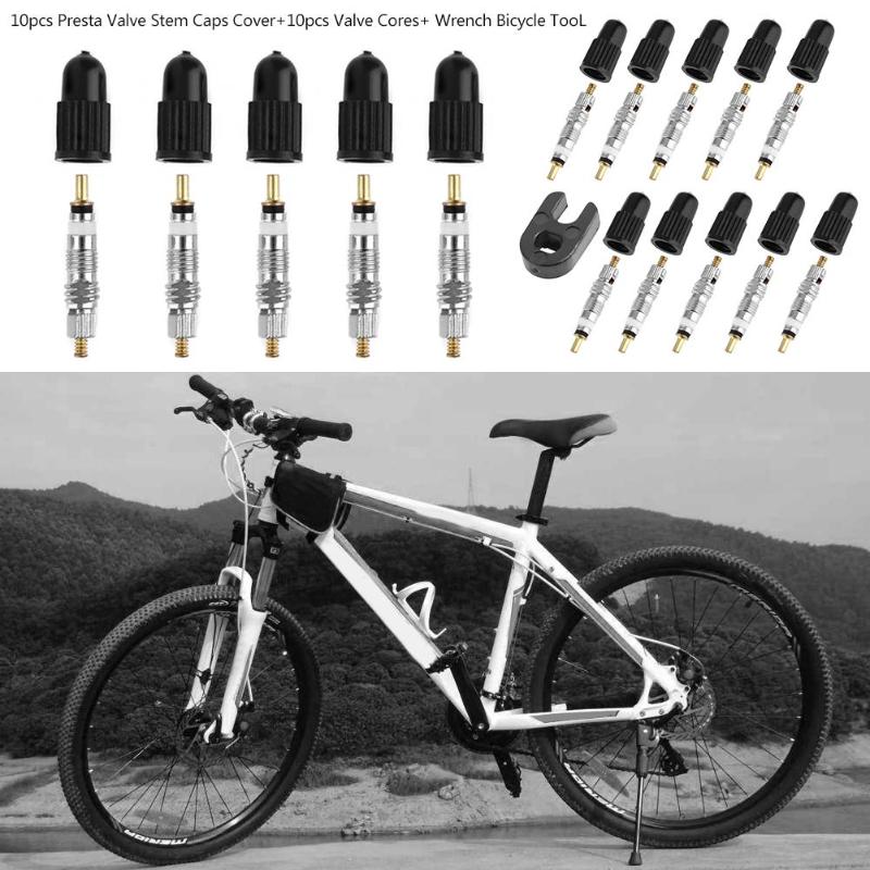 10pcs Presta Valve Cores+ 10pcs Plastic Valve Stem Caps with Wrench Bicycle Bike Tool Kit Pressure and corrosion resistance-ebowsos