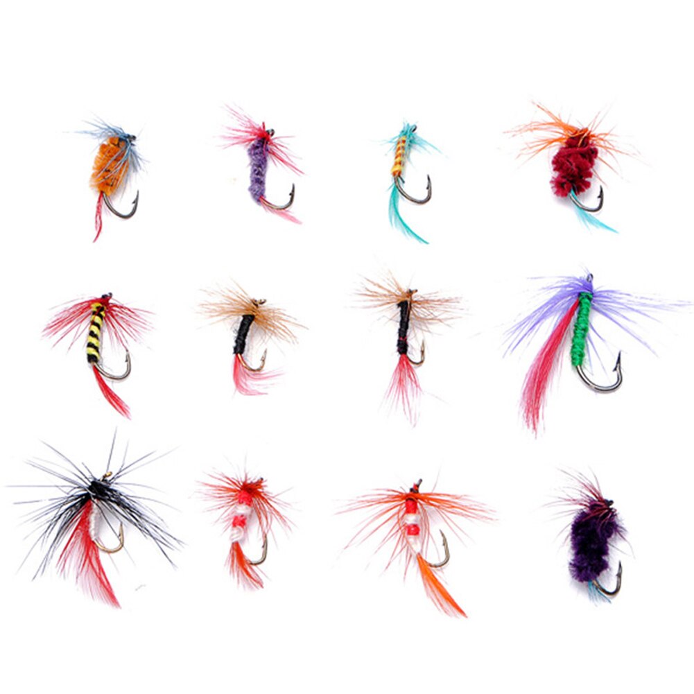 12Pcs Fly Fishing Lure Set Insect Style Artificial Bait With Feather Single Hook Fishing Practical Tool Fake Baits Feather Hooks-ebowsos