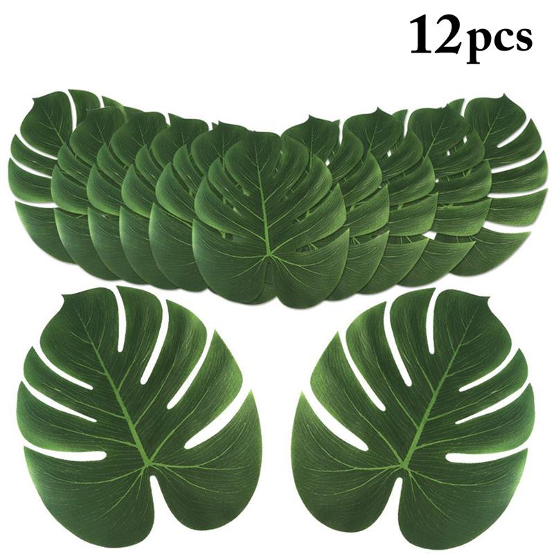 12pcs Artificial Plants Fake Monstera Palm Tree Leaves Green Plastic Leaf for Wedding DIY Table Decoration-ebowsos