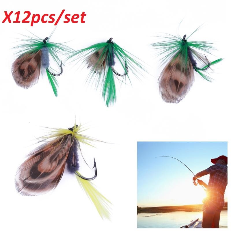 12pcs/set Fly Fishing Lure Simulation Flies Baits Set Dry /Wet Flies Fishing Tackle Soft Bait Feather Single Hook Pesca-ebowsos