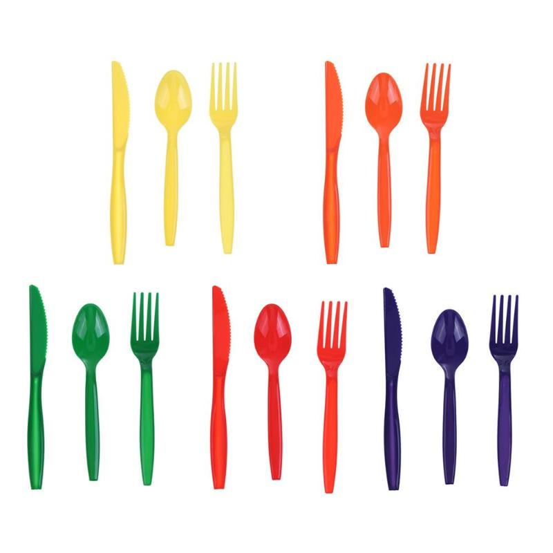 15pcs/Set Portable Plastic Tableware Scoop Fork Knife Party Birthday Kids Outdoor Camping Kitchen Cutlery Tools Dropshipping - ebowsos