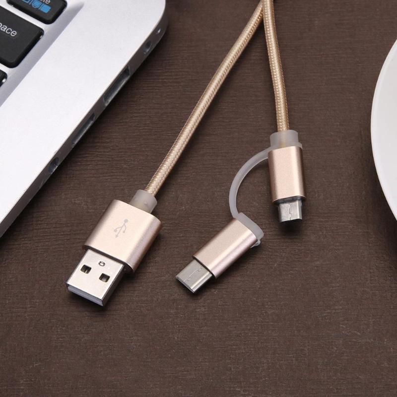 1m 2 in 1 Micro USB Type-C Cable Nylon Braided Micro USB Port + USB-C Port  Data Sync Charging Cord Wire Line - ebowsos