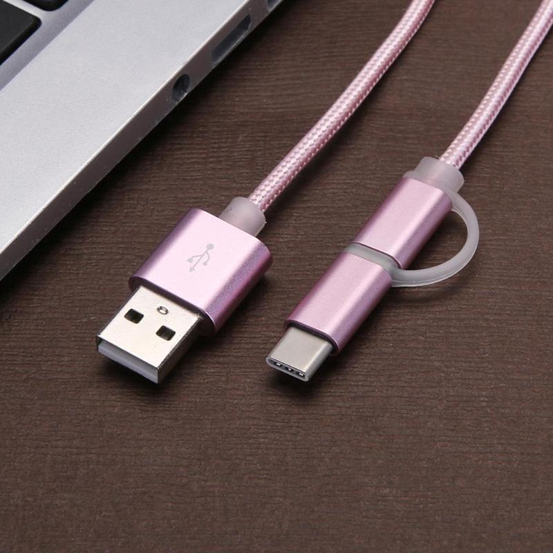 1m 2 in 1 Micro USB Type-C Cable Nylon Braided Micro USB Port + USB-C Port  Data Sync Charging Cord Wire Line - ebowsos