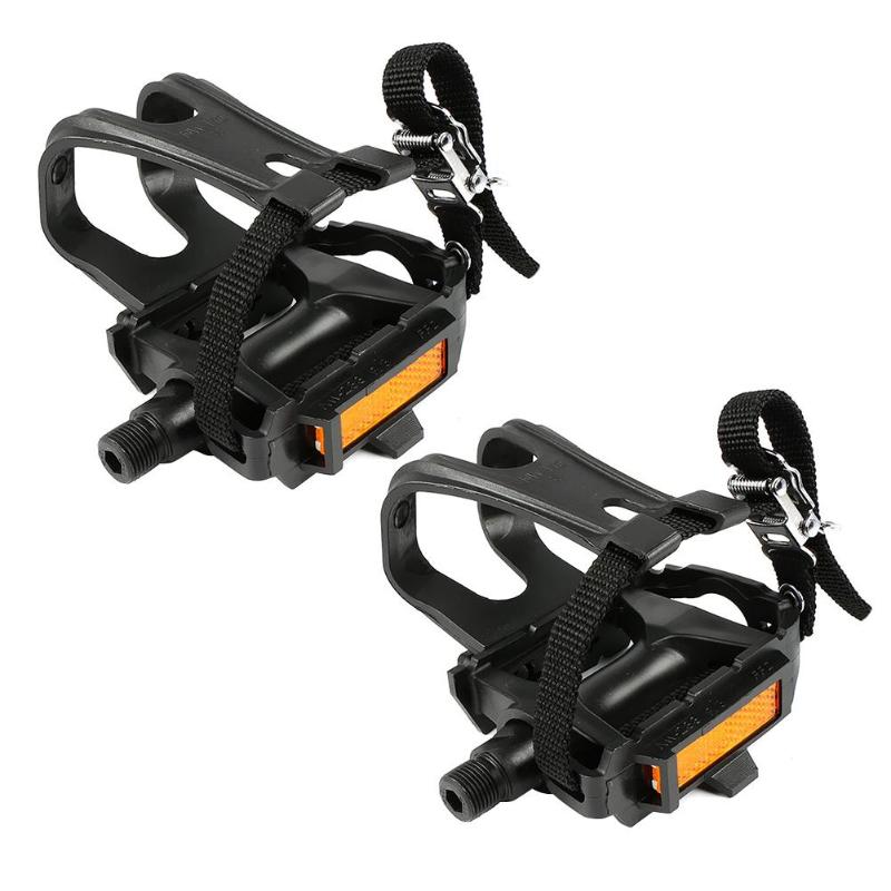 1pair/lot Road Bike Pedals with Double Toe Clips Straps Plastic Cycle Pedal Bike Pedals Toe Clips Straps Set pedales Straps Set-ebowsos