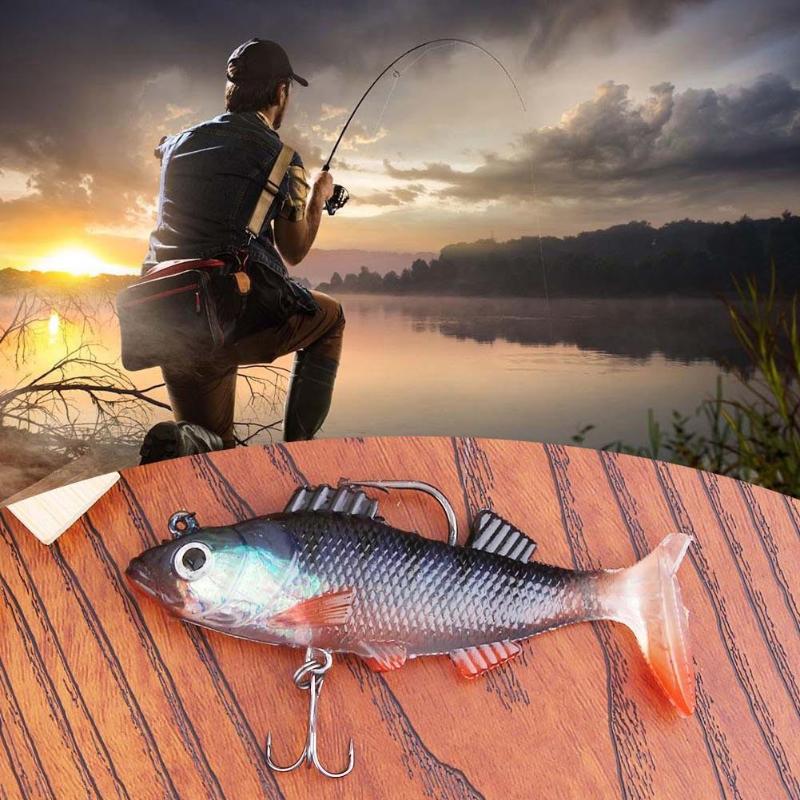 1pc 19g/9cm 3D Eyes T Tail Soft Fishing Lure Jig Head Wobbler Artificial Bait with Barbed Treble Hook-ebowsos