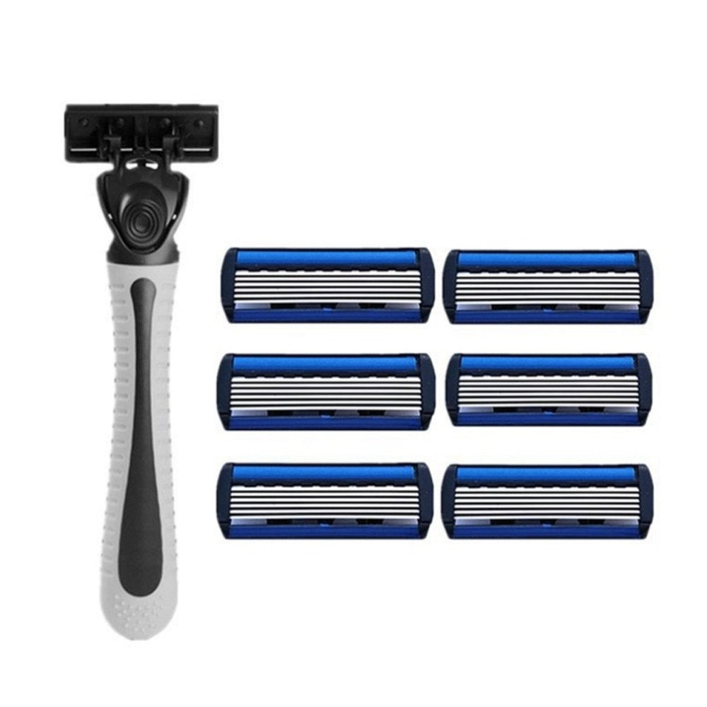 1pcs Beard Shaver Rack +12 pcs 6-Layer Blades Manual Beard Shaver Manual Hand Safety Razor 6PCS 6-Layer Blade ABS Grip Anti-slip - ebowsos