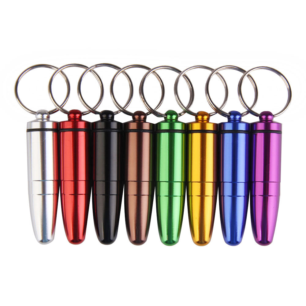 1pcs Outdoor First Aid Small Bullet Shape Pill Bottle Box Keychain Medicine Bottle Silver Aluminum Alloy Drug Holder Gallipot-ebowsos