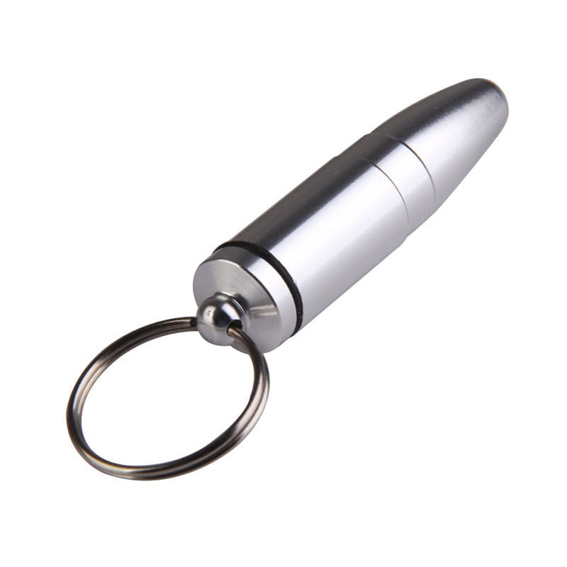 1pcs Outdoor First Aid Small Bullet Shape Pill Bottle Box Keychain Medicine Bottle Silver Aluminum Alloy Drug Holder Gallipot-ebowsos