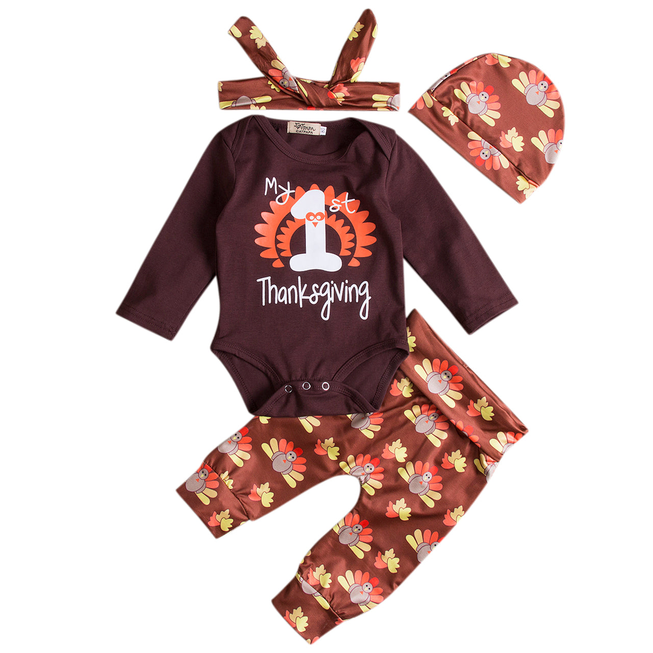 Winter Thanksgiving Newborn Baby Romper Bodysuit Long Pants Hat 4Pcs Outfit Clothes Set - ebowsos