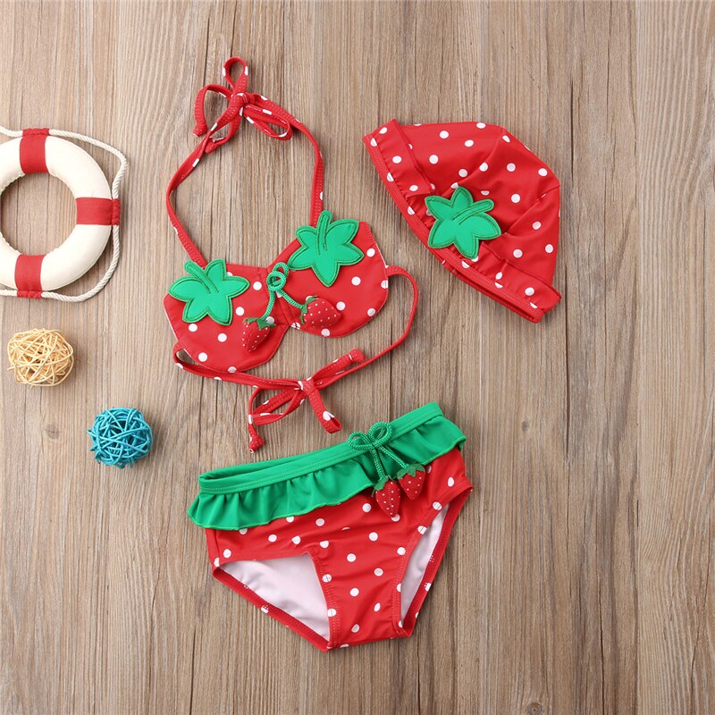 3Pcs Strawberry Bikini Set Girl Swimwear Tops Shorts Swimsuit Bathing Suit Swimwear Cute Summer Set - ebowsos