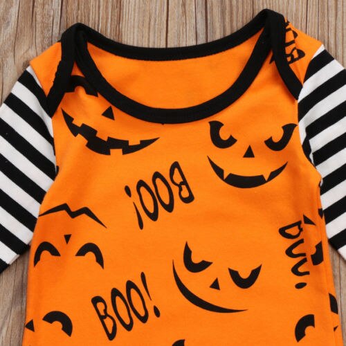 Halloween Newborn Baby Boys Girls Long Sleeve Romper Striped Pumpkin Autumn Clothes 0-24M ZX - ebowsos