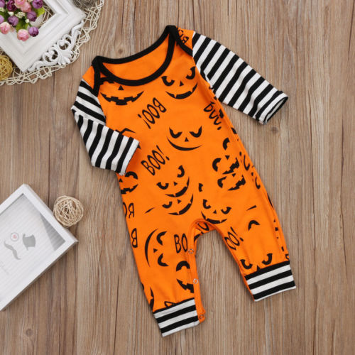 Halloween Newborn Baby Boys Girls Long Sleeve Romper Striped Pumpkin Autumn Clothes 0-24M ZX - ebowsos