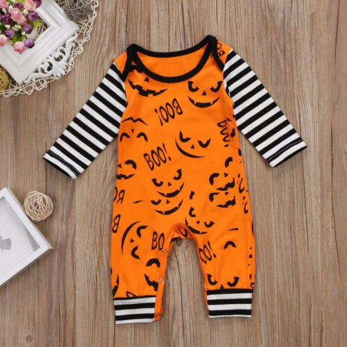 Halloween Newborn Baby Boys Girls Long Sleeve Romper Striped Pumpkin Autumn Clothes 0-24M ZX - ebowsos