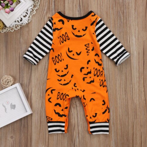 Halloween Newborn Baby Boys Girls Long Sleeve Romper Striped Pumpkin Autumn Clothes 0-24M ZX - ebowsos