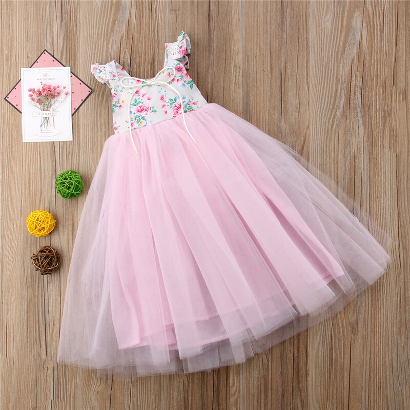 New Pageant Flower Girl Pink Lace Floral Princess Tutu Sleeveless Dress Kids Party Wedding Formal Dresses 1-7Years - ebowsos