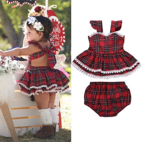 New Toddler Kids Baby Girls Sling plaid Mini Dress T-shirt Tops Dresses+Bottom Shorts 2PCS Set Clothes - ebowsos