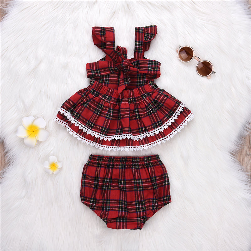 New Toddler Kids Baby Girls Sling plaid Mini Dress T-shirt Tops Dresses+Bottom Shorts 2PCS Set Clothes - ebowsos