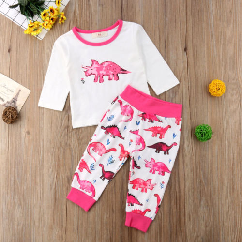 Newborn Toddler Baby Girl Cartoon Dinosaur Long Sleeve Shirt Tops Pants Legging 2Pcs Set Outfit Clothes - ebowsos