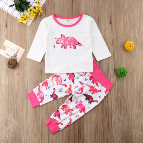 Newborn Toddler Baby Girl Cartoon Dinosaur Long Sleeve Shirt Tops Pants Legging 2Pcs Set Outfit Clothes - ebowsos