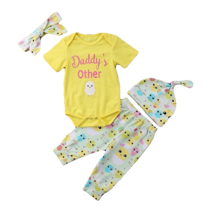 Summer Baby Boy Clothes Set Kid Boy Girl Tops Chicken Printed Romper+Pants Hat 4pcs Outfit Baby Girls Clothes Set - ebowsos