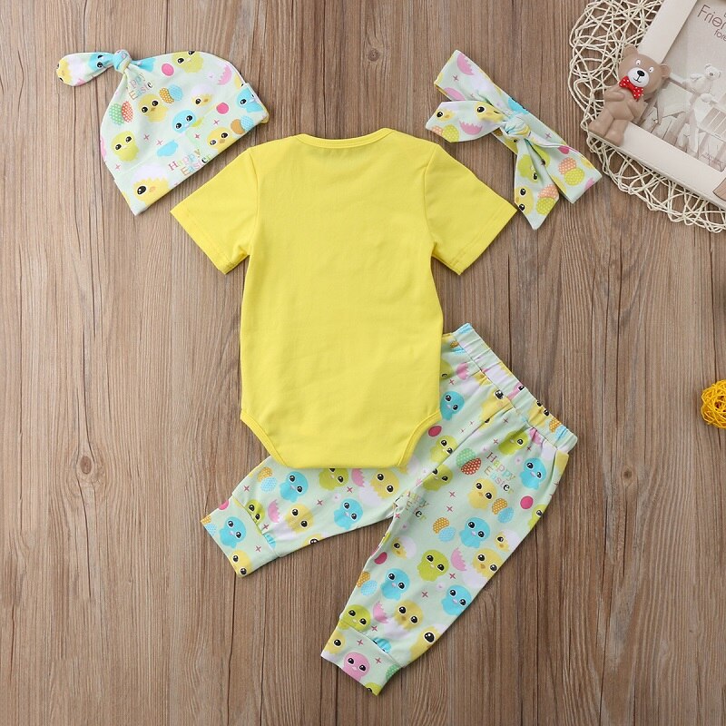 Summer Baby Boy Clothes Set Kid Boy Girl Tops Chicken Printed Romper+Pants Hat 4pcs Outfit Baby Girls Clothes Set - ebowsos