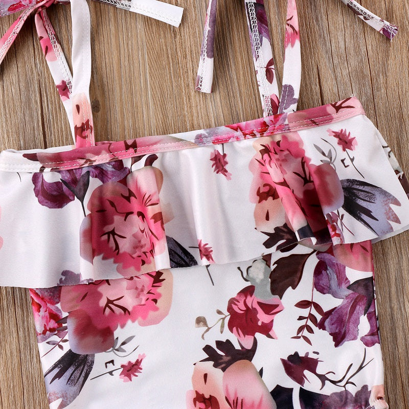 Summer New Children Kids Baby Girls Floral Print Ruffled Swimsuit Swimwear Clothing One-piece Sleeveless Tankini Bikini - ebowsos