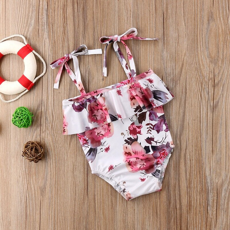 Summer New Children Kids Baby Girls Floral Print Ruffled Swimsuit Swimwear Clothing One-piece Sleeveless Tankini Bikini - ebowsos