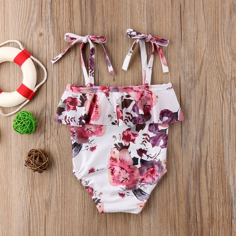 Summer New Children Kids Baby Girls Floral Print Ruffled Swimsuit Swimwear Clothing One-piece Sleeveless Tankini Bikini - ebowsos