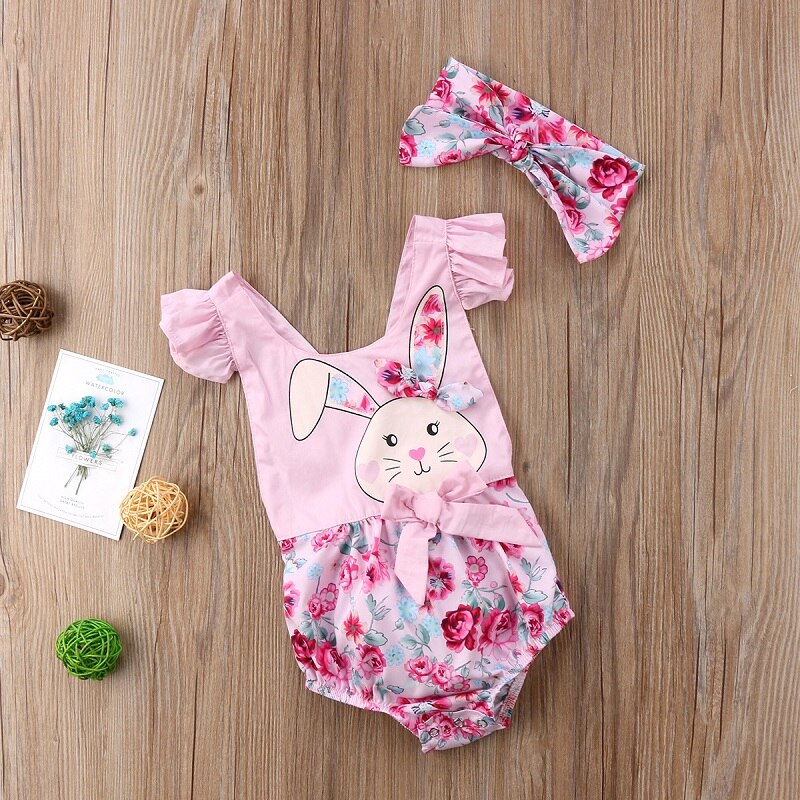 Summer Nwt Easter Newborn Baby Girls Flower Backless Rabbit Ears Sleeveless Romper Jumpsuit Outfits Clothes - ebowsos