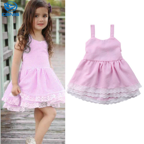 Summer Toddler Infant Baby Kid Girl Sleeveless Dress Striped Strap Backless Bowknot Ruffle Sling Dress Pink Sweet Outfits - ebowsos