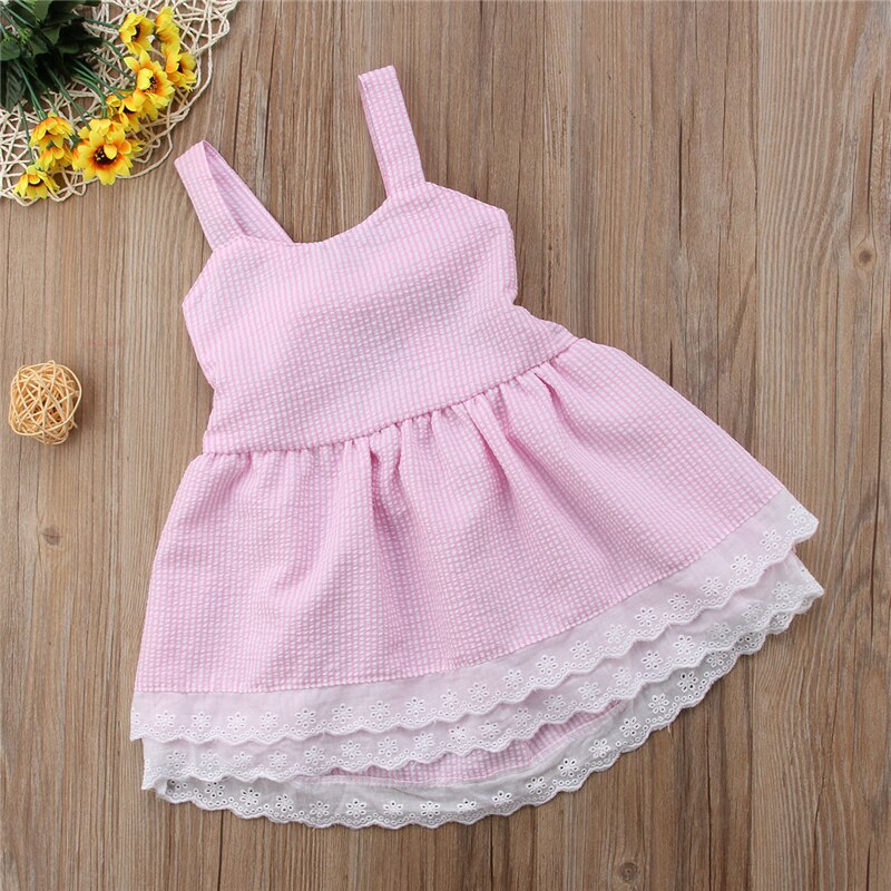 Summer Toddler Infant Baby Kid Girl Sleeveless Dress Striped Strap Backless Bowknot Ruffle Sling Dress Pink Sweet Outfits - ebowsos