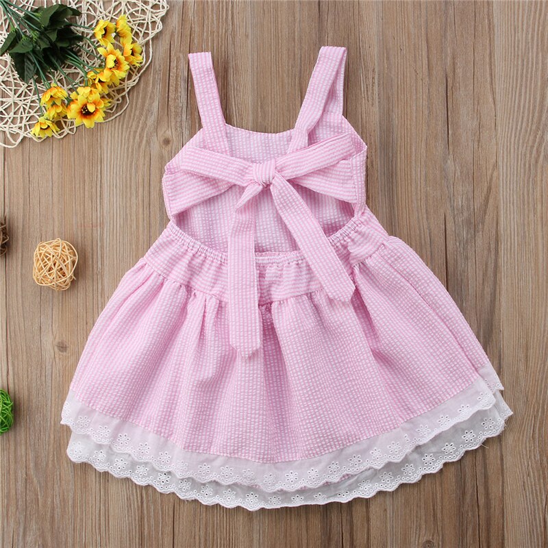 Summer Toddler Infant Baby Kid Girl Sleeveless Dress Striped Strap Backless Bowknot Ruffle Sling Dress Pink Sweet Outfits - ebowsos