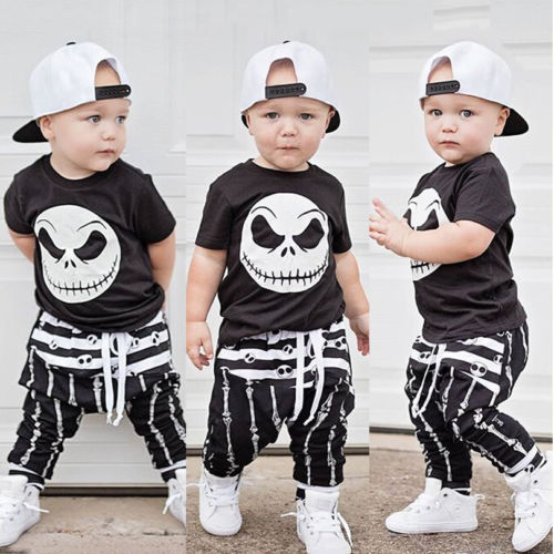 Toddler Kids Baby Boys Halloween T-shirt Black Tops+Long Pants Outfits Set Skull Summer Holiday Set Clothes - ebowsos